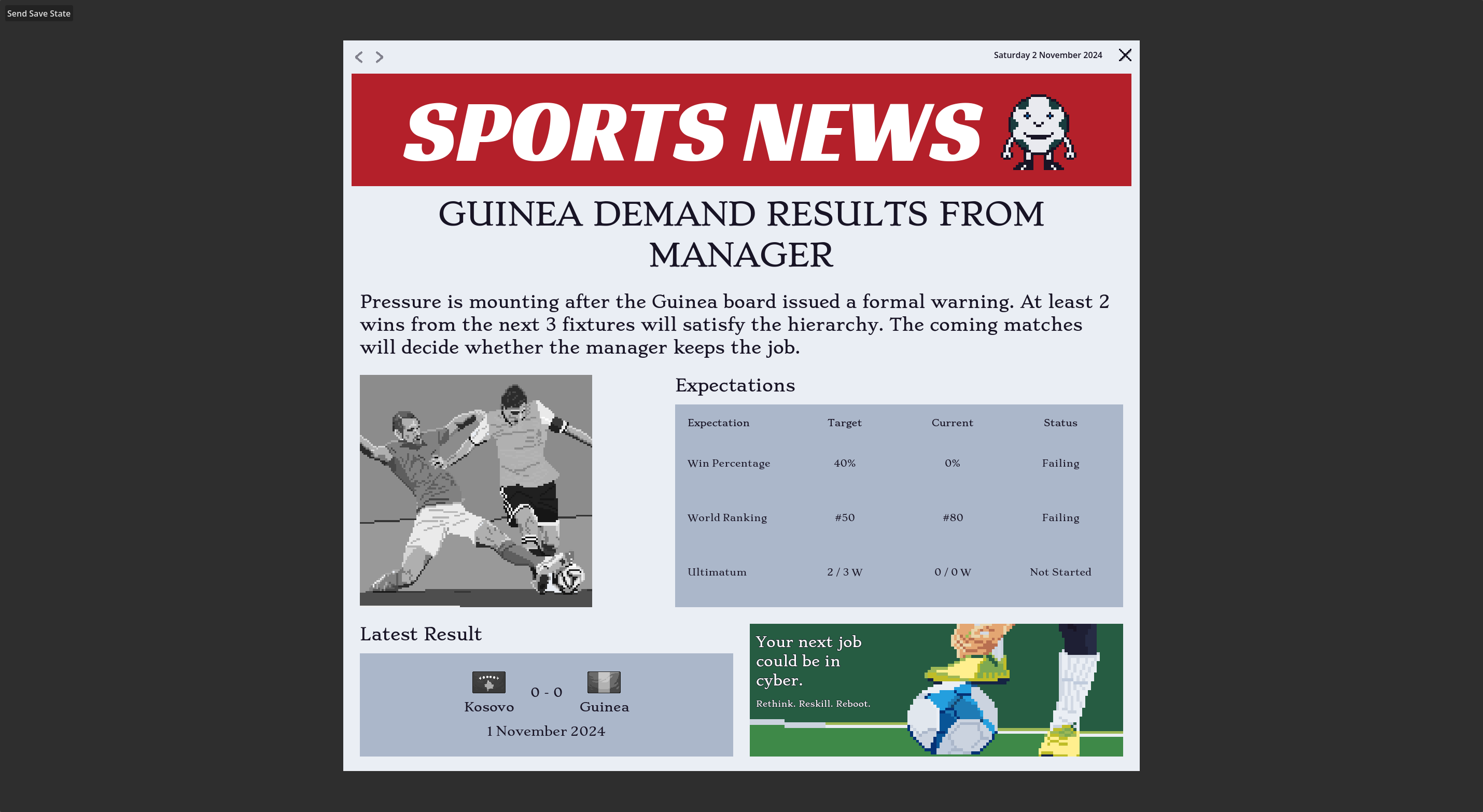 The Sudden Death Soccer newspaper reporting a manager ultimatum